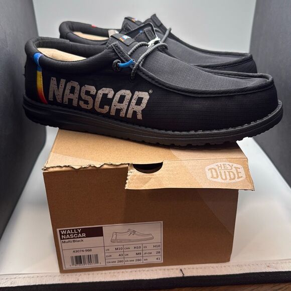 HEYDUDE NASCAR Wally MENS SIZE 10 Black Shoes NEW With Box - Picture 1 of 7